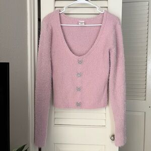 No Boundaries Pink Fuzzy Sweater with Butterfly Details Size Large